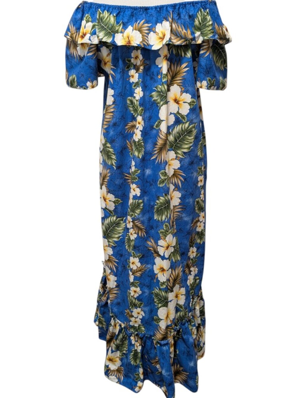 Ky's Hawaii Womens Sz L Blue Tropical Hibiscus Ruffle Off Shoulder Muumuu Dress - Picture 3 of 8